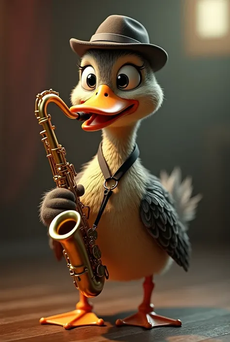 Real-looking duck with an animated twist, with hat playing saxophone 
