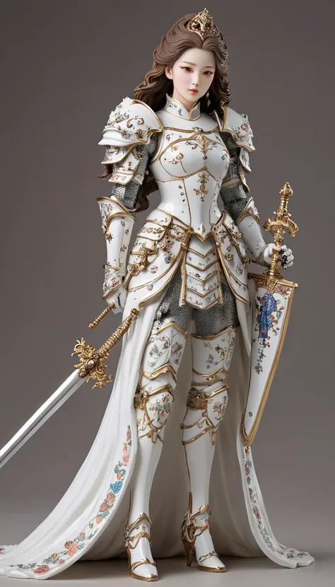 Pure white porcelain figurine、20 year old mature woman、 (whole body)、 Holy Knight，Dignified pose、armor、Carrying a Sword、Detailed face, Detailed skin, Beautiful Hair、 It is delicately decorated with delicate yet colorful paintings., This piece evokes an era...