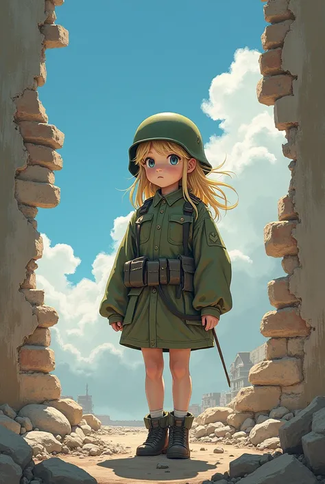 Background: war scene. remains of a house, torn walls, brick. Sunny weather, blue sky. A little beautiful sweet girl with blonde hair in an oversized uniform and helmet.