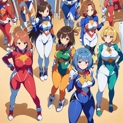 super sentai series, mecha bodysuits, girls surrounding, multiple girls, curvy body