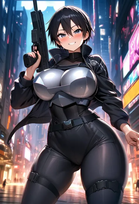 Kirito, Gun Gale Online Black Swordsman Costume Overturned Jacket Black Shirt Silver Breastplate Blush Smile Super huge big breasts breast enlargement A person stands in the sci-fi city looking at the camera smiling holding a gun and pointing it at the cam...