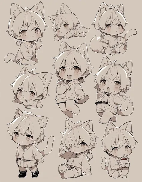 Male cat, anime style, character sketch in different positions, anime style, chibi