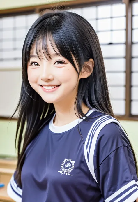 Masterpiece、Japanese Girls、Junior high school students、Shortcuts、Black Hair、smile、Gym clothes、Cheerful pose、classroom
