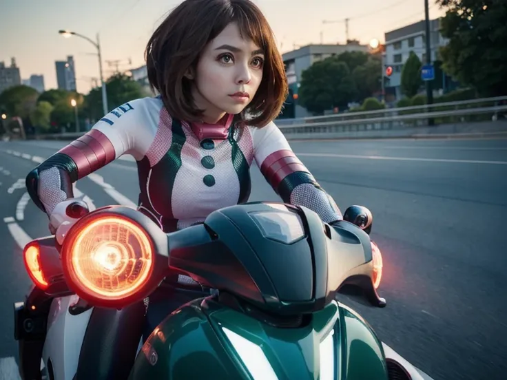 Best quality, Face focus, Soft light, Ultra high resolution (Photorealistic: 1.4), RAW photo, 1 girl ((Ochaco Uraraka)), Full body, Strong and athletic physique (Short average height), Alone, Cute, (Eye sparkles, Giant rounded light green eyes), Beautiful ...