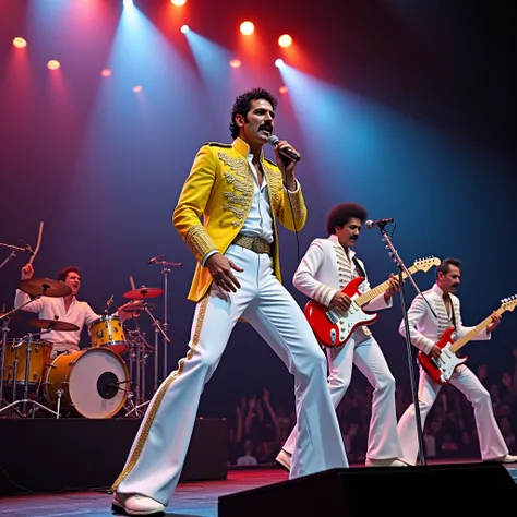 (Close-up of an ultra-realistic masterpiece:1.6), (Legendary rock band Queen performing live on stage:1.3), (Freddie Mercury in his iconic stage outfit, with a dazzling, white and gold military jacket:1.2), (Stage lights casting vibrant, multi-colored beam...