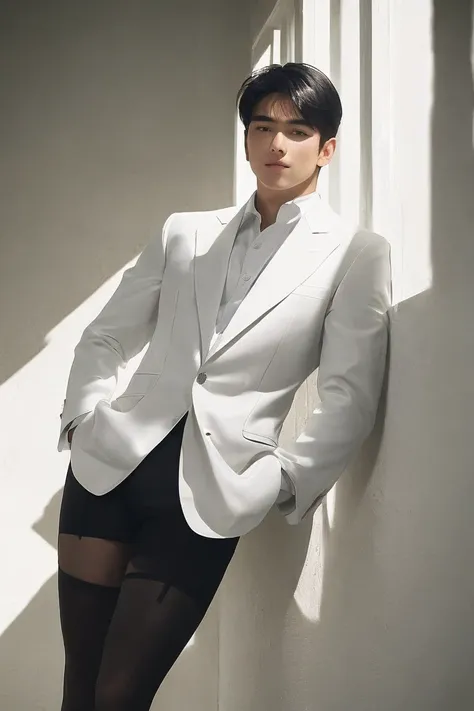 handsome man portrait, shot with leica, shadow play, gorgeous lighting, soft tones, indoor，wearing a white shirt，black suit，look...