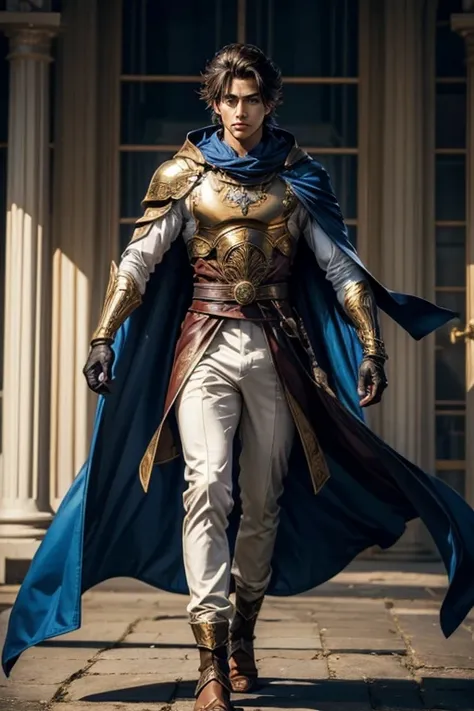 Kouki is a typical (handsome man), Looks good, Athletics, intelligence and a good personality. He has silky brown hair and kind eyes.. Your body is toned and slim, about 180 centimeters.
He wears divine armor along with a blue white cape inside., white lon...