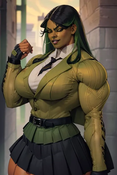 ((Close-up)), tall, ((green hair)), beautiful muscular woman, long curvy hair, brown skinned, closed smile, large breast, (black lipstick), (massive muscles), (hyper muscle), (((ginormous bulky muscles))), orange eyes, (((((long sleeve school uniform blaze...