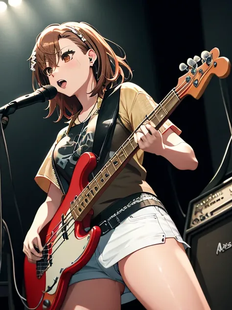 Rock Band, bassist, (Misaka Mikoto), UHD, retina, masterpiece, accurate, anatomically correct, textured skin, super detail, high details, high quality, best quality, highres, 8k