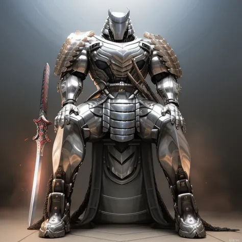 silver samurai.
- masterpiece, best quality, full body, 1boy.
- armor suit, (full armor, cyborg, science fiction, combat helmet) 
- dominating silver samurai. silver samurai is over 1000 meters long. macro. stomp. Low-angle perspective. emphasizing the imm...