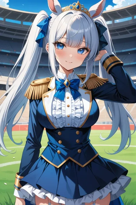 (masterpiece, best quality, very aesthetic, ultra detailed), intricate details, 4k, anime style, aadaiwa, long hair, twintails, hair bow, animal ears, tiara, horse tail, blue bowtie, epaulettes, framed breasts, underbust, center frills, blue dress, long sl...