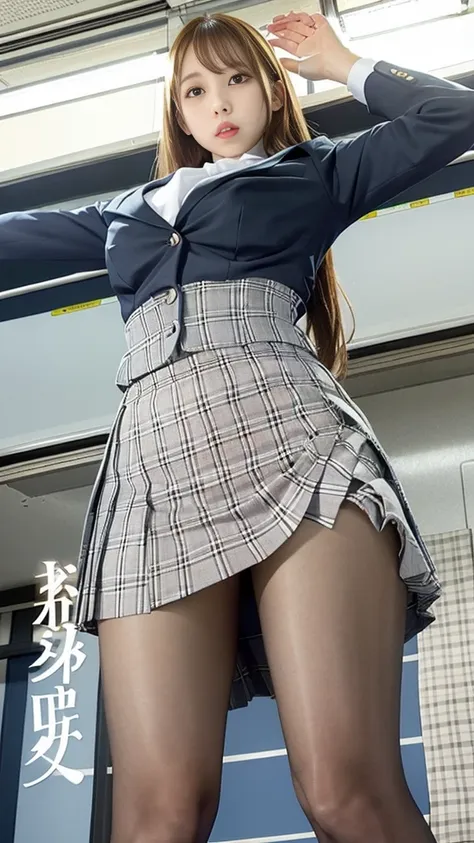 standing on a crowded train、beautiful tall schoolgirl with long legs and big breasts. view from below. pantyhose. summer uniform...