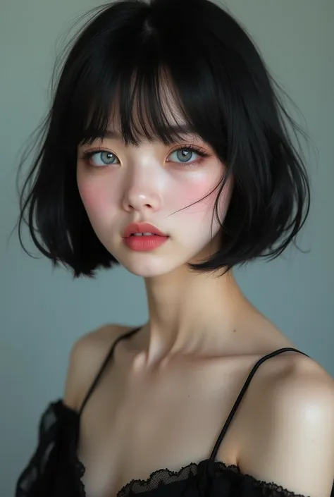 smooth, shiny black hair,age 15 , short bob hair up to shoulder length, the forehead is hidden by the bangs. watery pale blue ey...