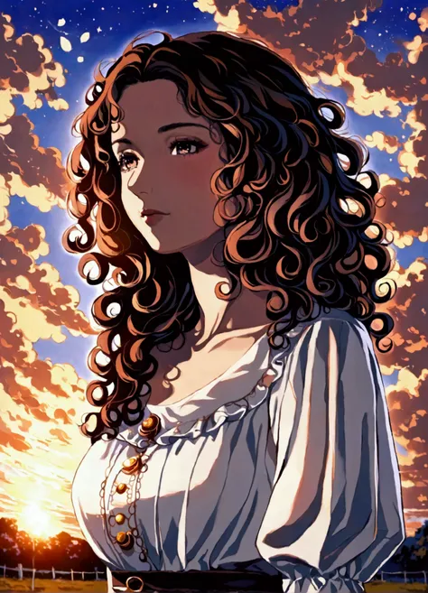 Brunette woman with curly hair late afternoon at sunset