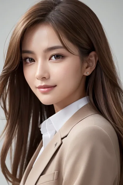 Face close-up，Best Quality, Realistic, Very detailed, finely, High resolution, 8K wallpaper, One beautiful woman,, Light brown messy hair, Wear a business suit,Wear a slit skirt、 Sharp focus, Perfect dynamic composition, finelyて美しい目, Thin Hair, Detailed an...