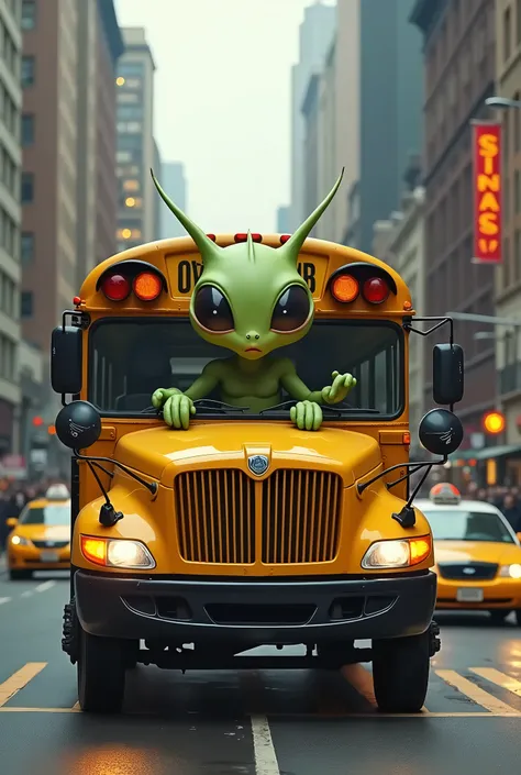 Create an image of an alien driving a school bus on a New York street