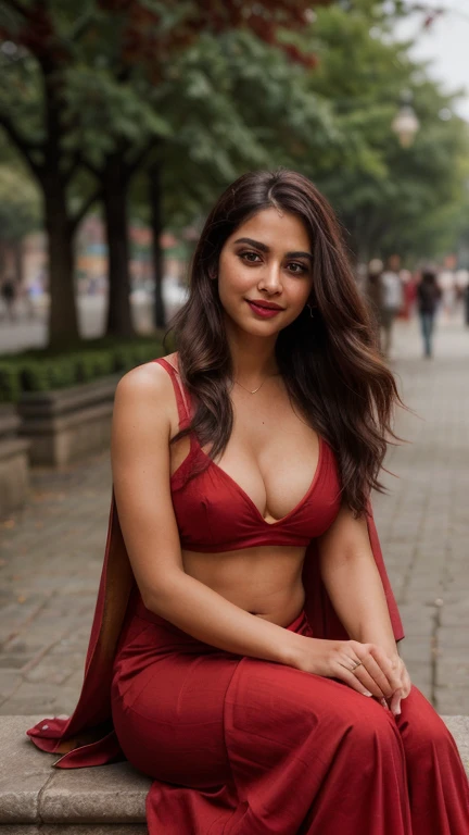 (Portrait of A confident-looking Indian woman with long flowing hair, hazel eyes, with flowing capes, sitting in the park, wearing red saree, city streets background, bokeh, with perfect composition, hyperrealistic, super detailed, 8k, high quality, trendi...