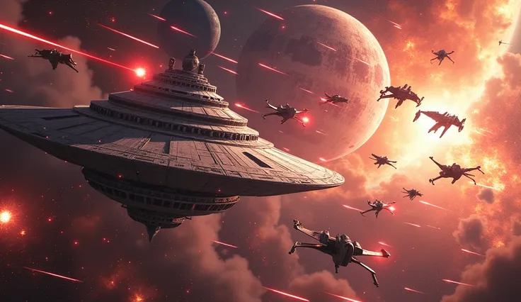 masterpiece, best quality, very aesthetic, absurdres, cinematic, ultra-detailed, Epic space battle over the Death Star, TIE fighters shooting X-wings, TIE interceptors shooting Y-wings flying in formation, Star Destroyers clashing with Republic cruisers, m...