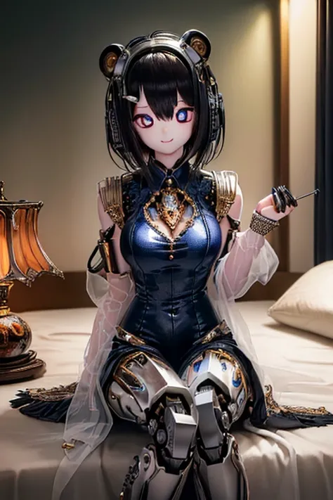 (SFW:2), photorealistic, realistic photo, 8k, ((highest quality)), ((masterpiece)), (extremely detailed), kukolnydom, doll, mecha musume, mechanical parts, (robot joints), head gear, (cowboy shot, mature woman, 21yo, 21_years_old, solo:1.6), (sitting on be...