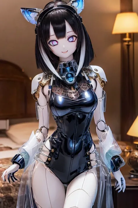 (SFW:2), photorealistic, realistic photo, 8k, ((highest quality)), ((masterpiece)), (extremely detailed), kukolnydom, doll, mecha musume, mechanical parts, robot joints, head gear, (cowboy shot, mature woman, 21yo, 21_years_old, solo:1.6), (model pose, lig...