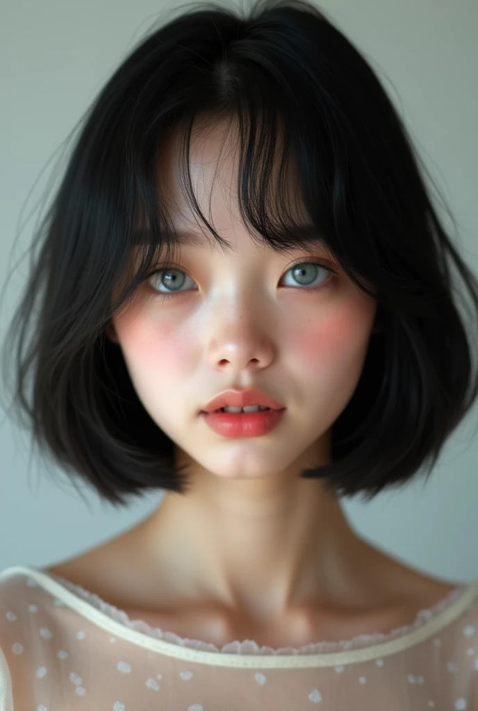 smooth, shiny black hair,age 15 , short bob hair up to shoulder length, the forehead is hidden by the bangs. watery pale blue ey...