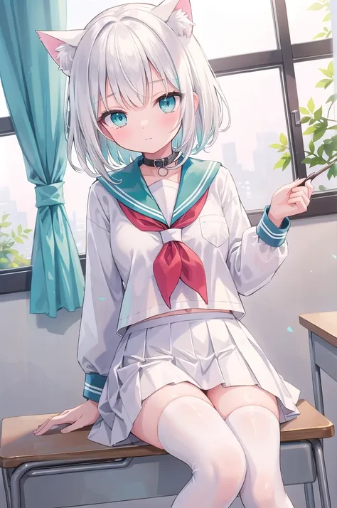 Uncensored, (masterpiece), classroom, 1girl, cat girl, cat ears, medium hair, white hair, (aqua eyes:1.2), (white sailor collar:1.2), serafuku, white skirt, pleated skirt, white Stockings, pure white background