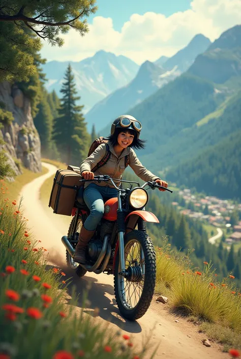 A beautiful, cute woman with very short black hair and a happy expression, wearing vintage outdoor clothing, helmet and goggles, well-worn boots and gloves, is riding a sturdy vintage trail motorcycle with block tires, the front wheel of which is off the g...