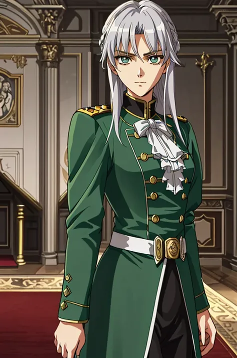 high quality, Masterpiece, Highest Resolution，cavalry，Sabre in right hand，Generals of the French Revolution，（Inside the palace_background），Silver_Hair Color，Beautiful eyes，smug face，Young woman，Anime Style, （4K）, Alone，（The whole body was shown）， Looking a...