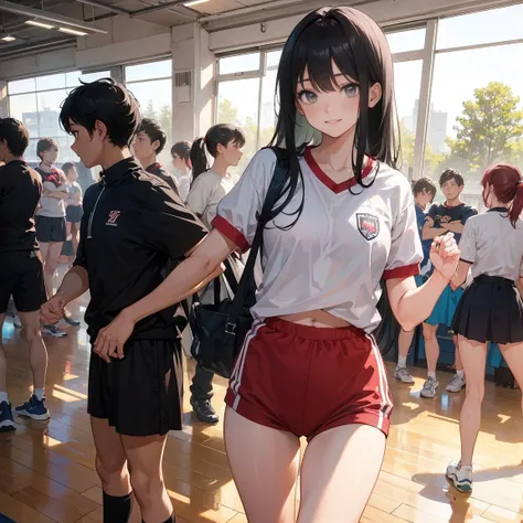 tall、a black-haired high school girl、excellent athletic abilityを持っている, wearing a gym uniform, holding a volleyball, face it with...