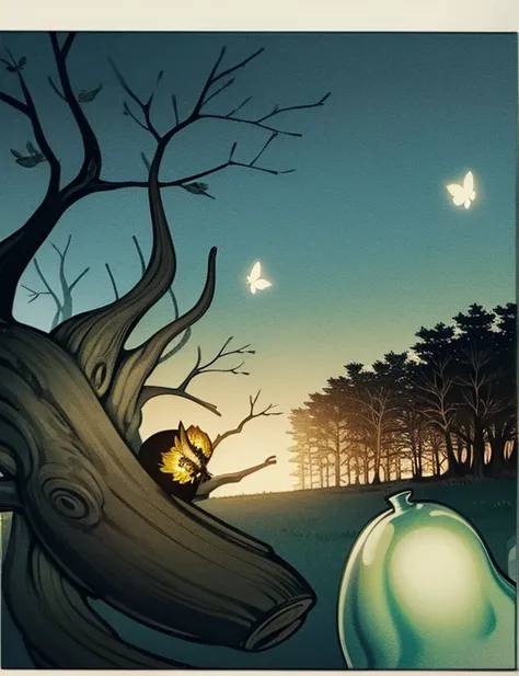 Kuvshinov among branches and fireflies, Sandusha, Fantasy Art, (((Surrealism))), (Style - Glass)