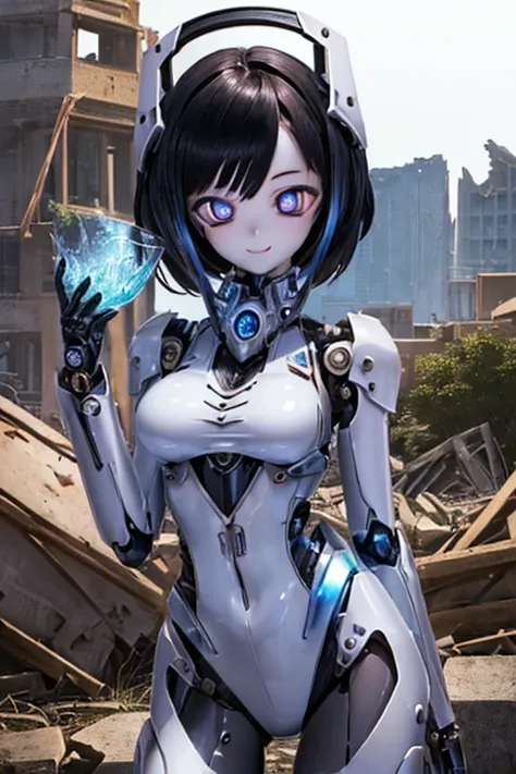 (SFW:2), photorealistic, realistic photo, 8k, ((highest quality)), ((masterpiece)), (extremely detailed), kukolnydom, doll, mecha musume, mechanical parts, robot joints, head gear, (cowboy shot, ruins, mature woman, 21yo, 21_years_old, solo:1.6), (holding ...