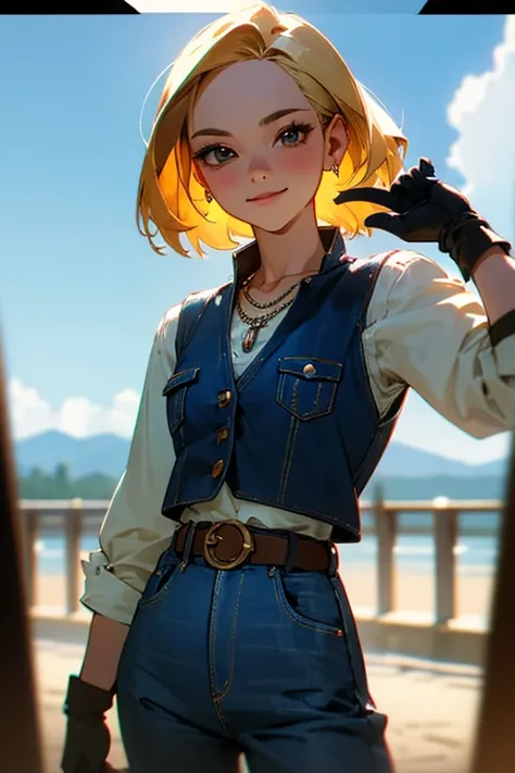 {best quality}, {very aesthetic},

facing viewer,Beautiful Android18DB portrait,Solo,Earrings,Jewelry,Denim,Smiling,Belt,Vest,Clouds,Sky,Daytime,Pants,Outdoor,Gloves,Necklace,Jeans,facing viewer,Volumetric lighting,Best quality,Masterpiece,Intricate detail...