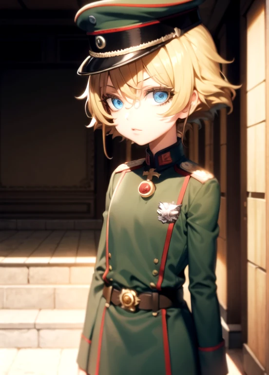 1girl, blonde hair, curly hair, short hair, hair down to chin, germany uniform, black uniform, necktie, red Edge,, black cap, military uniform, germany military black uniform, looking at viewer, mature woman, ww2, nazism 