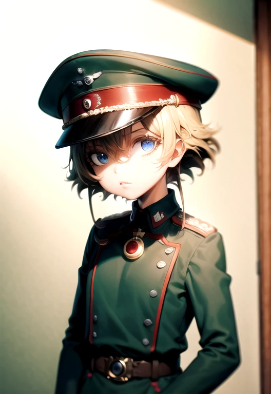 1girl, blonde hair, curly hair, short hair, hair down to chin, germany uniform, black uniform, necktie, red Edge,, black cap, military uniform, germany military black uniform, looking at viewer, mature woman, ww2, nazism 