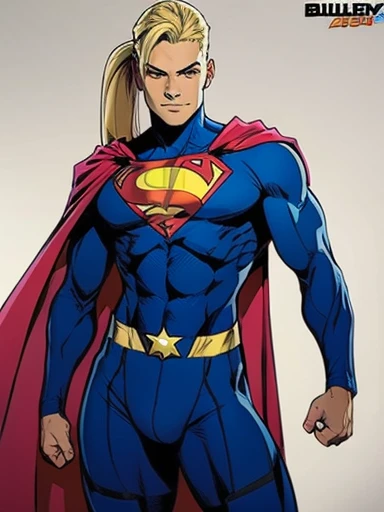 Superhero costume, handsome and cool young man, tall, sexy body, peach butt, shiny blonde hair, ponytail, bulging crotch