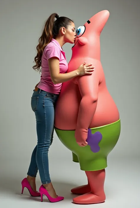 Ariana Grande carried and kissed Patrick Star on the lips. Ariana Grande is wearing pink polo, pink high heels, and skinny blue tight jeans. Patrick Star is wearing his original clothes in the Spongebob Squarepants series. Full height from head to toe and ...