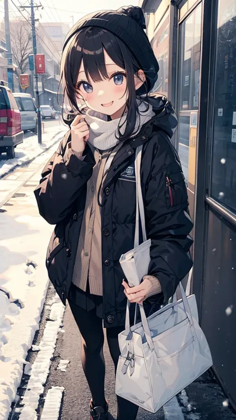 （Cute little sister:1.3）、 Happy Face,winterの雰囲気、winter、snow、cold、commute