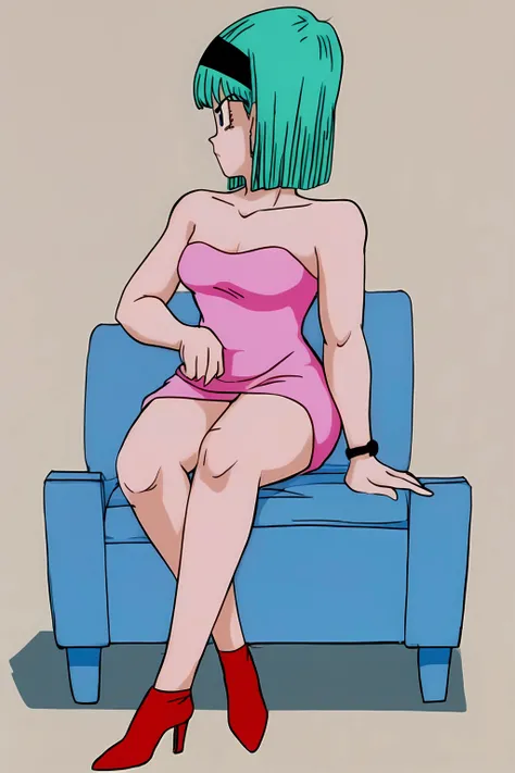 Bulma, Short hair, green hair, bob cut, blue eyes, 1 girl, alone, bare shoulders, strapless, medium chest, Pink shirt, pink miniskirt, sitting on a sofa, full body, bare legs with red heels, crossed legs ,serious girl