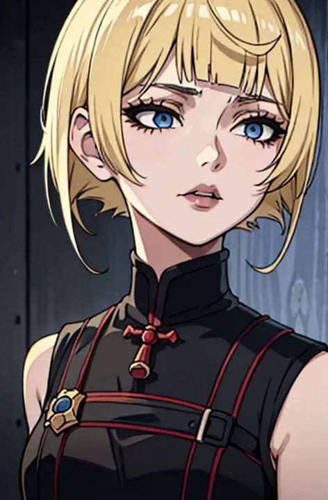 a close up of a woman with a black dress and black lipstick, blonde hime cut hair, with short hair, 1  anime goth girl, short pigtails hair, white hime cut hairstyle, sui ishida with blonde hair, with short hair with bangs, short blonde hair with bangs, sh...