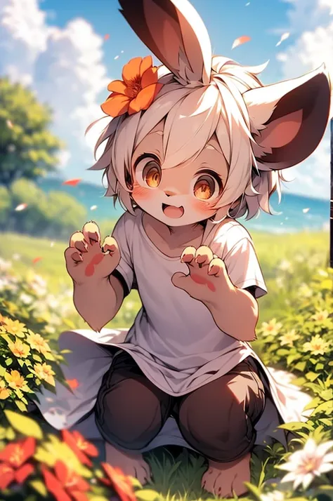 (Masterpiece, top quality), 1 girl, petite, flat-chested, solo, solo focus, (animal ears, rabbit ears), barefoot, knees up, dress, sitting, short sleeves, looking at the audience, grass, short hair, smile, white hair, fluffy sleeves, outdoor, puffy short s...