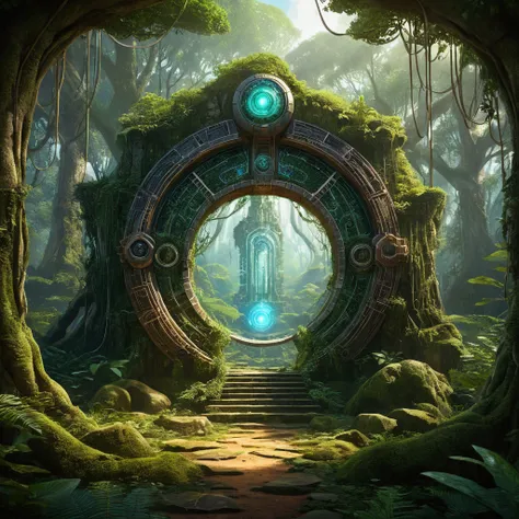 there is a digital painting of a portal in the middle of a forest, forest portal, magic stone portal in the forest, steampunk forest background, magic portal to another world, portal to another world, ancient biomechanical temple, cyber space forest scene,...