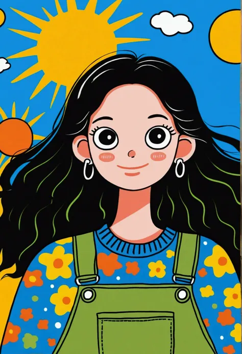 Cartoon：Image of arafed in sweater and overalls, A painting inspired by Sun Long, Instagram, Pop Art, Happy fashion model, Sunny at noon, Sunny Day, Xuan Yunzhu, Beautiful sunny day, Lovely:2, Sunny Day, frown fashion model, (Blink), Sun beams, Smiling fas...