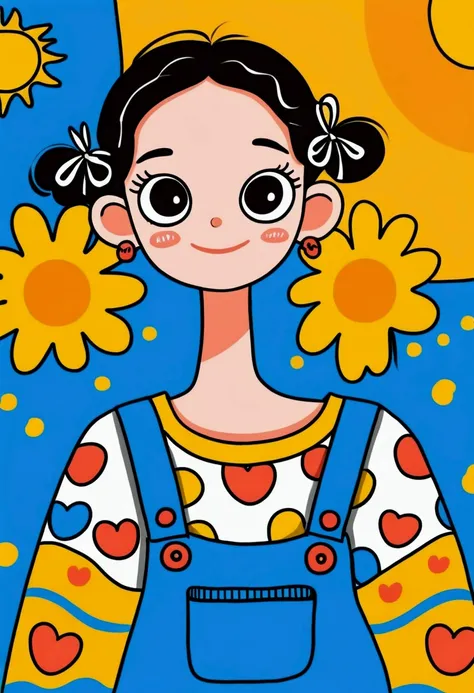 Cartoon：Image of arafed in sweater and overalls, A painting inspired by Sun Long, Instagram, Pop Art, Happy fashion model, Sunny at noon, Sunny Day, Xuan Yunzhu, Beautiful sunny day, Lovely:2, Sunny Day, frown fashion model, (Blink), Sun beams, Smiling fas...