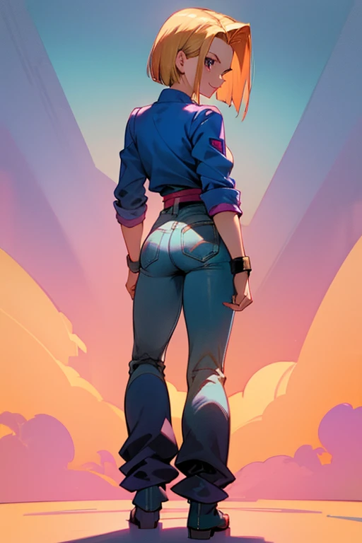 {best quality}, {very aesthetic},
Beautiful Android18DB portrait,looking back,smile,standing,from behind
,full body
