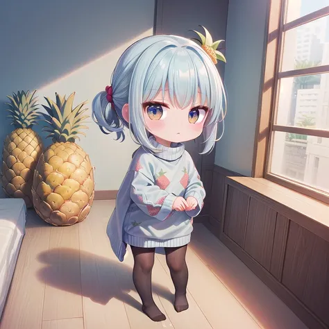 (Chibi, Pineapple, one girl: 1.4), (Masterpiece, almond-shaped eyes, glossy white-blue hair, short chignon hair, top quality, carefully drawn fingertips, beautiful anatomy,, full body : 1.4), (Tasteful Colored pencil hand-drawn picture: 1.3), (Red cheeks, ...