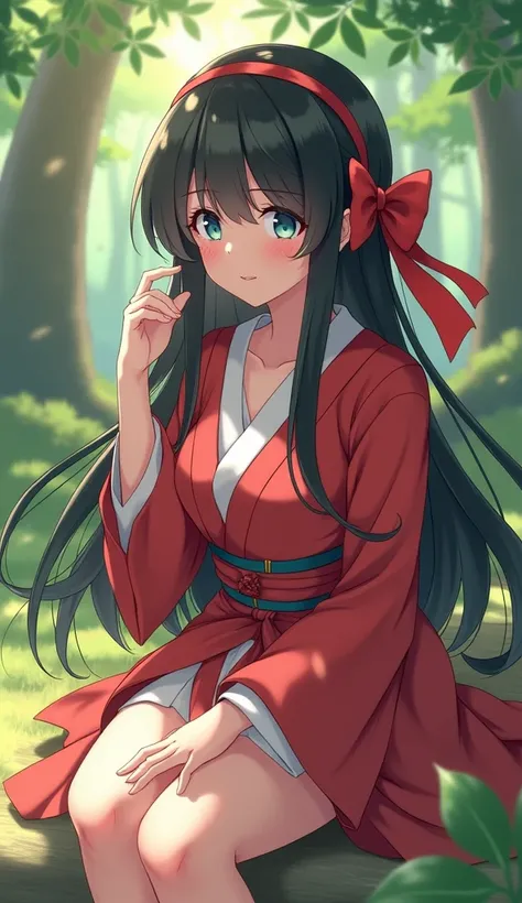 Nakoruru　Samurai Spirits（Amakusa Descends）　Nakoruruのコスチューム　Red Hairband　Red ribbon　Big red ribbon　Long black hair　Hime cut　Straight Hair　beautiful girl　Sunlight filtering through the trees　Smaller breasts　Slender Body　In the sunny forest　Ainu traditional c...