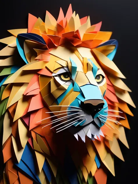 a lion  in the papercutout style  very detailed, clean, high quality, sharp image