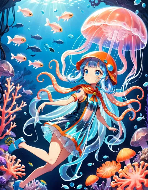 Illustration of a squid girl dressed as a jellyfish, It has glowing tentacles and a transparent, umbrella-like body.. She is surrounded by small fish、Looking up in surprise, Colorful coral reefs create a magical underwater backdrop.