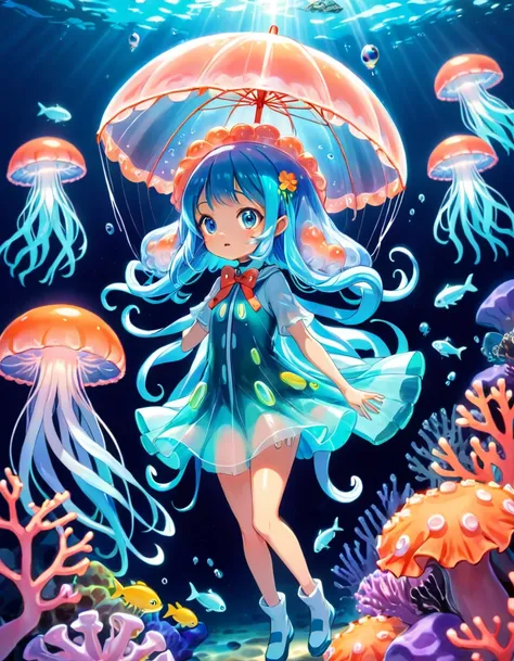 Illustration of a squid girl dressed as a jellyfish, It has glowing tentacles and a transparent, umbrella-like body.. She is surrounded by small fish、Looking up in surprise, Colorful coral reefs create a magical underwater backdrop.