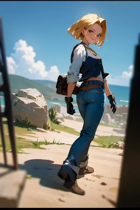 {best quality}, {very aesthetic}, facing viewer,Beautiful Android18DB portrait,Solo,Earrings,Jewelry,Denim,Smiling,Belt,Vest,Clouds,Sky,Daytime,Pants,Outdoor,Gloves,Necklace,Jeans,Rock,looking back,smile,standing,from behind ,full body,Volumetric lighting,...